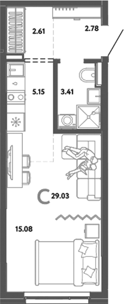 Планировка Студия, 29,03 м² в ЖК Уральский сад
